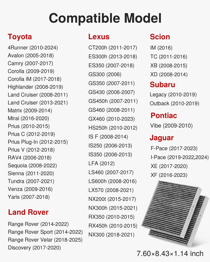 Puroma Cabin Air Filter with Activated Carbon, Replacement for CP285, CF10285, Toyota Camry, RAV4, Highlander, Corolla, 4Runner, Tundra, Prius, Sienna, Lexus, Scion, Subaru, Jaguar (2 pcs) - Image 5